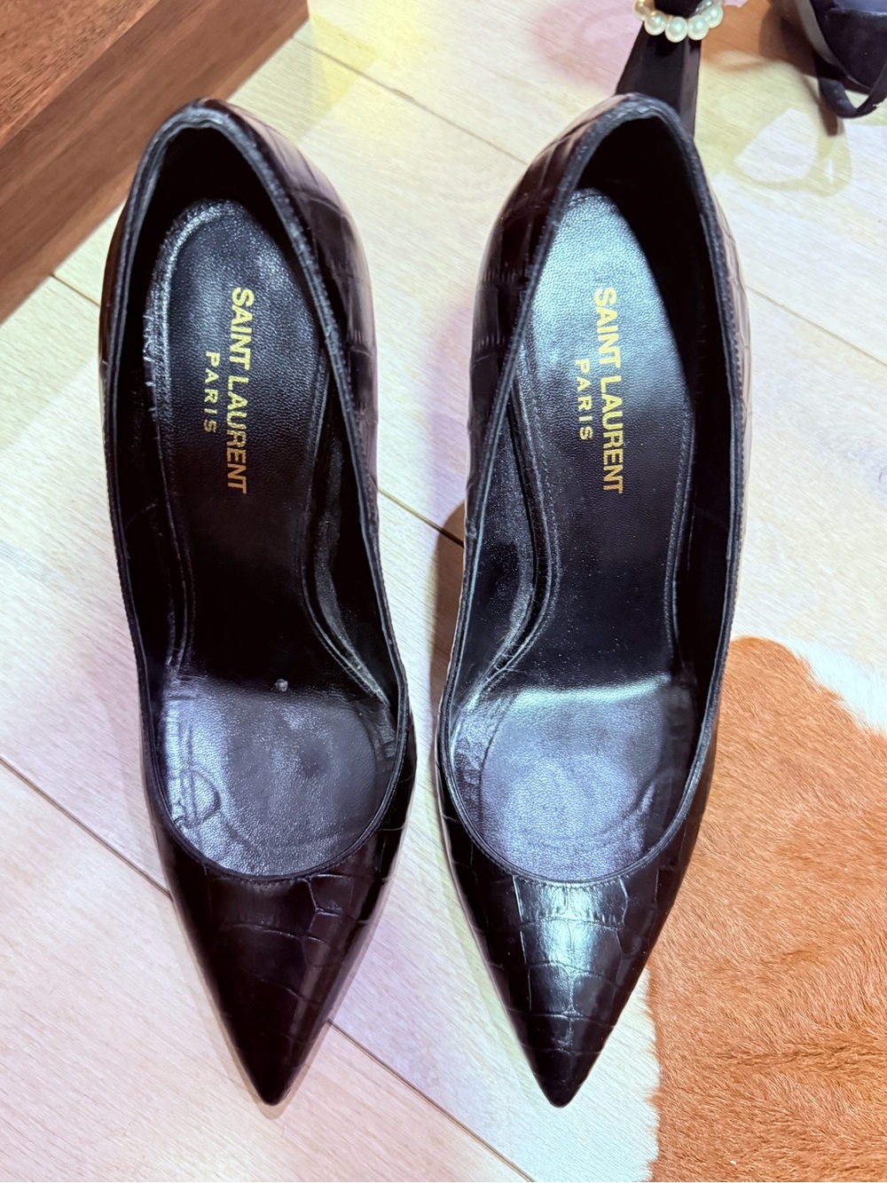 Saint Laurent Black Croc-Embossed Pointed Pumps